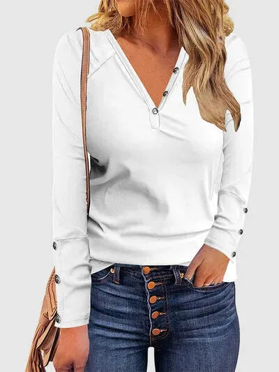 Decorative Button V-Neck Long Sleeve T-Shirt White Women's T-Shirts - Tophatter Daily Deals